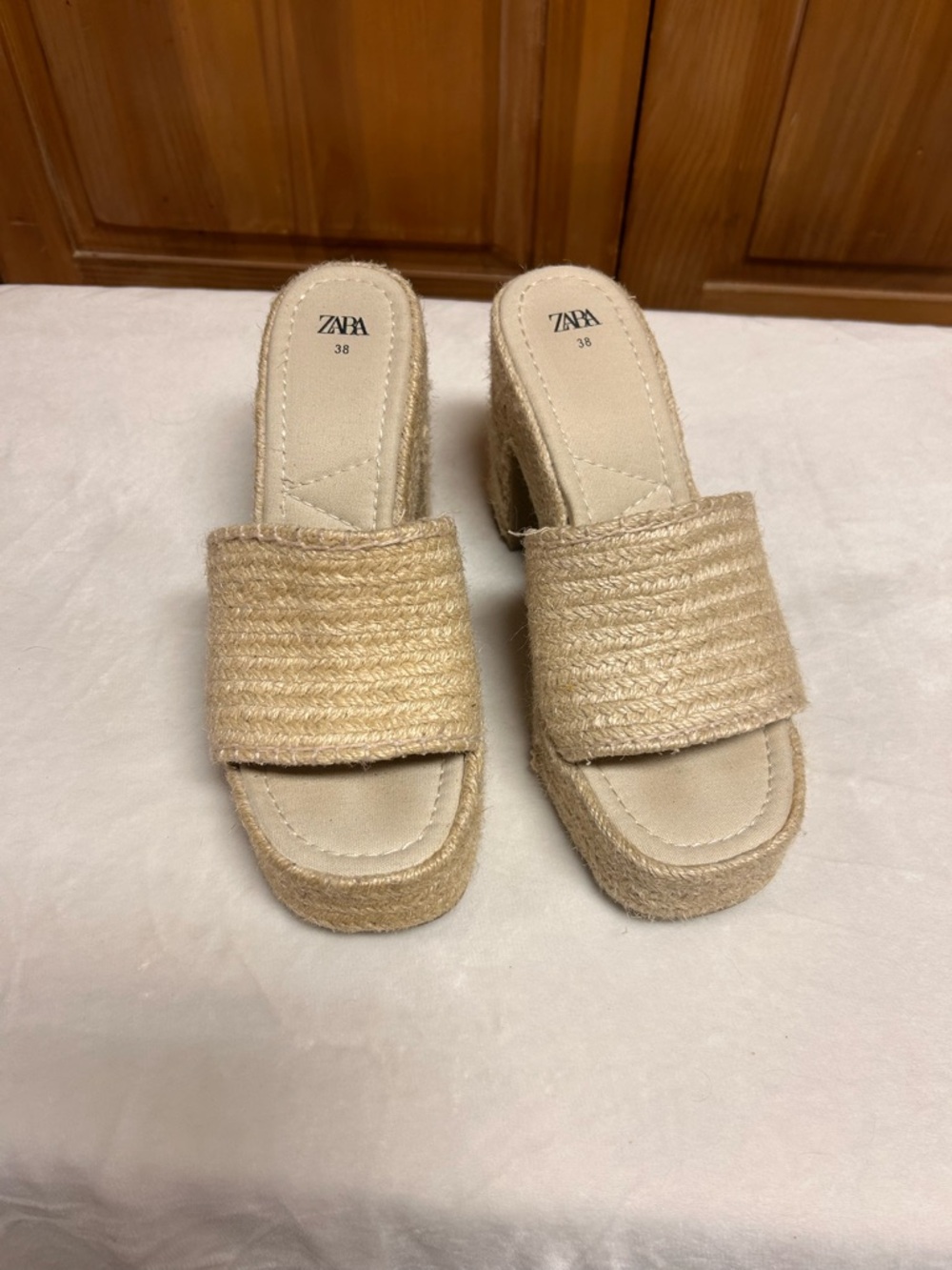 Zara Natural Woven Jute Platform Slide Heels - Picture 3 of 8
